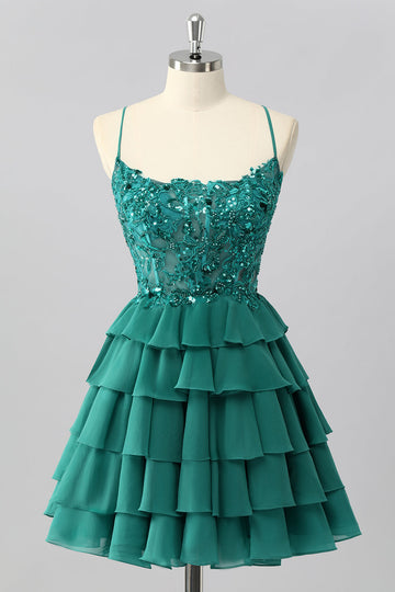 Dark Green A Line Sequins Tiered Cocktail Dress with Appliques